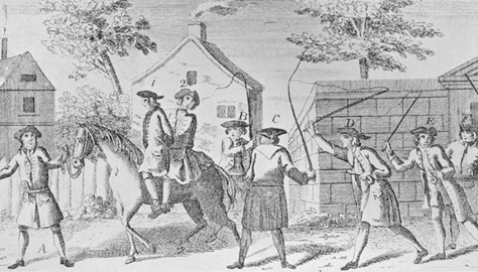 The two suspected Excise Men are forced onto a horse by the gang